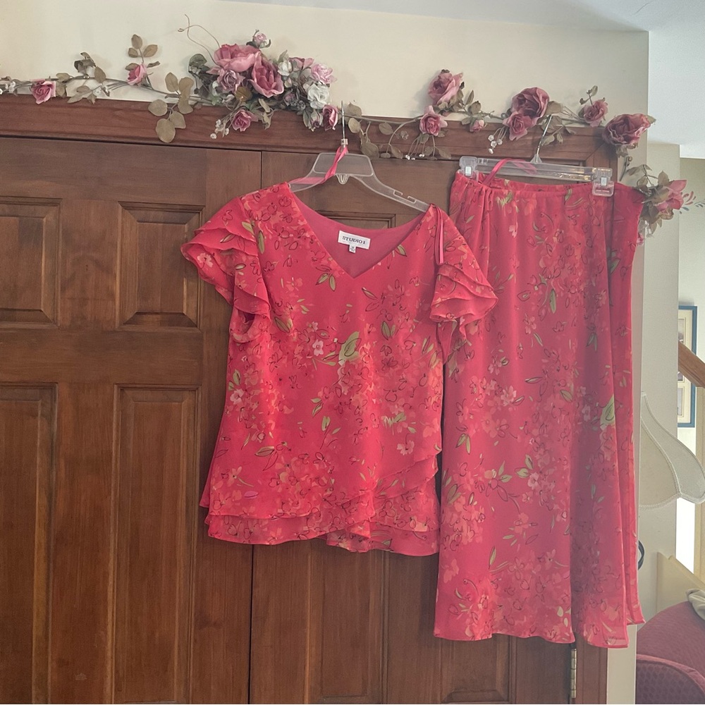 Studio One Floral Red Blouse and Skirt Set